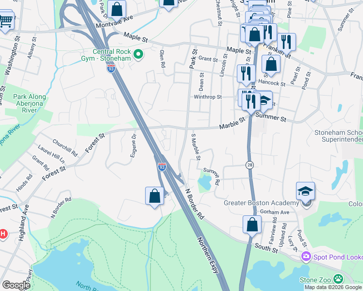 map of restaurants, bars, coffee shops, grocery stores, and more near 193 Park Street in Stoneham