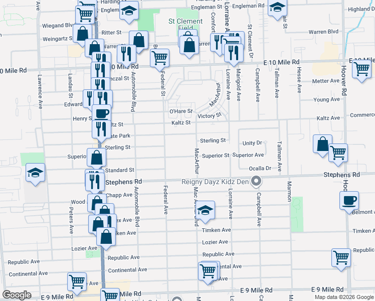 map of restaurants, bars, coffee shops, grocery stores, and more near 8557 Superior Street in Center Line
