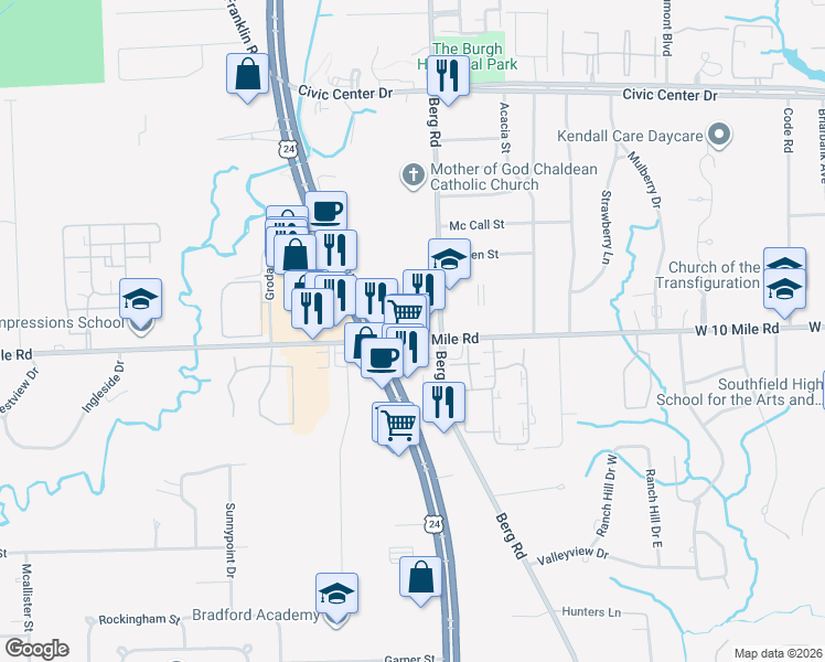 map of restaurants, bars, coffee shops, grocery stores, and more near 24060 West 10 Mile Road in Southfield