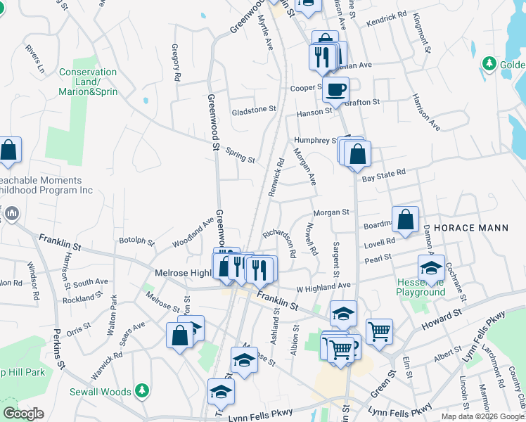 map of restaurants, bars, coffee shops, grocery stores, and more near 38 Renwick Road in Wakefield