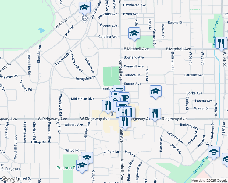 map of restaurants, bars, coffee shops, grocery stores, and more near 704 Midlothian Boulevard in Waterloo