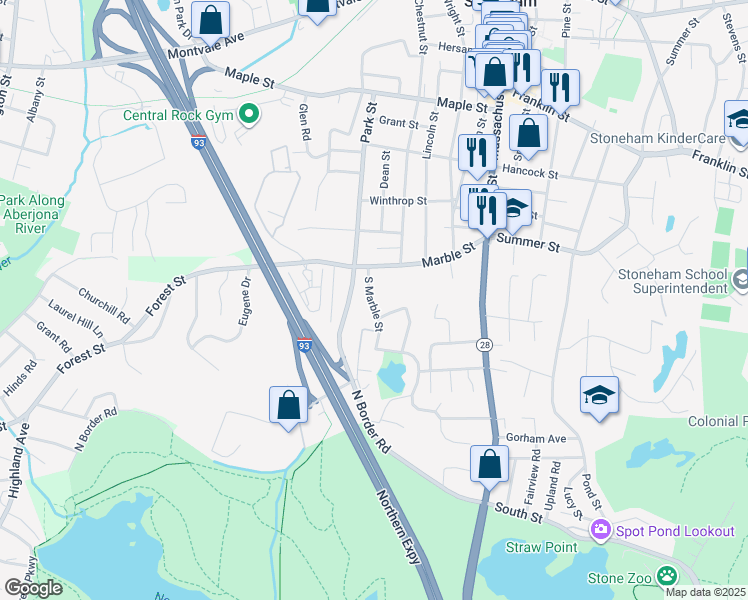 map of restaurants, bars, coffee shops, grocery stores, and more near 6 South Marble Street in Stoneham