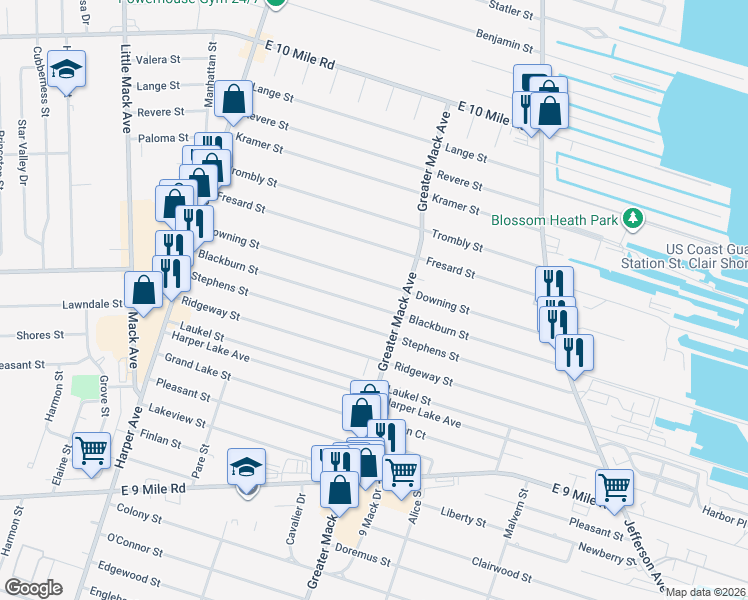 map of restaurants, bars, coffee shops, grocery stores, and more near 22124 Downing Street in St. Clair Shores