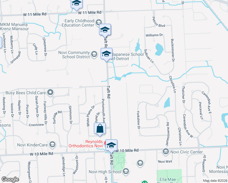 map of restaurants, bars, coffee shops, grocery stores, and more near 24850 Taft Road in Novi