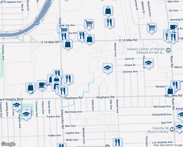 map of restaurants, bars, coffee shops, grocery stores, and more near 2409 Chalk Farm Road West in Warren