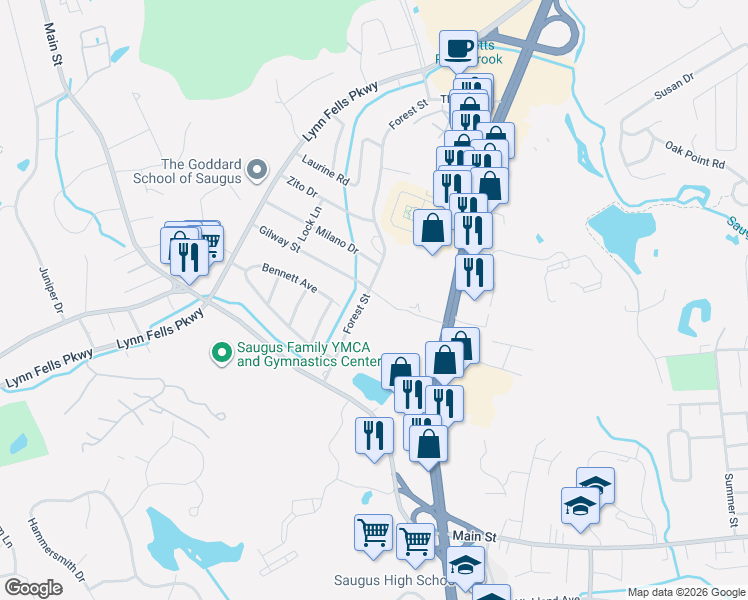 map of restaurants, bars, coffee shops, grocery stores, and more near 45 Forest Street in Saugus