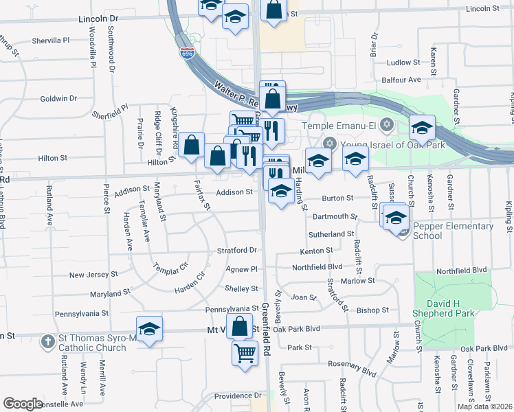 map of restaurants, bars, coffee shops, grocery stores, and more near 24777 Greenfield Road in Southfield
