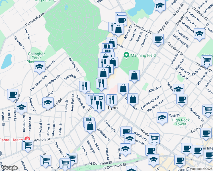 map of restaurants, bars, coffee shops, grocery stores, and more near 90 Granite Street in Lynn