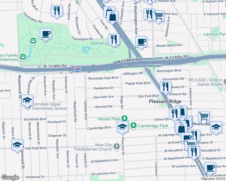 map of restaurants, bars, coffee shops, grocery stores, and more near 1 Kenberton Drive in Pleasant Ridge
