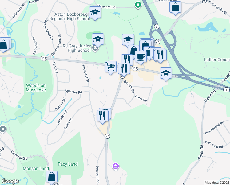 map of restaurants, bars, coffee shops, grocery stores, and more near 246 Main Street in Acton