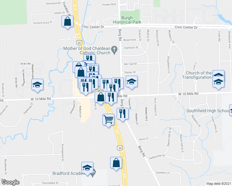 map of restaurants, bars, coffee shops, grocery stores, and more near 24060 West 10 Mile Road in Southfield