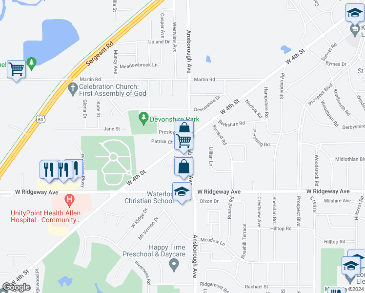 map of restaurants, bars, coffee shops, grocery stores, and more near 3233 West 4th Street in Waterloo