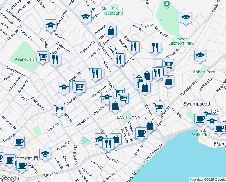 map of restaurants, bars, coffee shops, grocery stores, and more near 31 Empire Street in Lynn