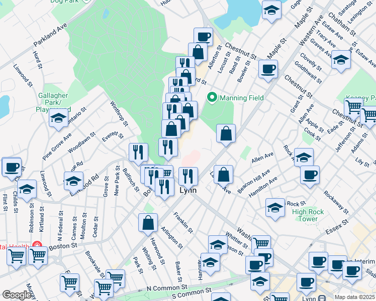 map of restaurants, bars, coffee shops, grocery stores, and more near 90 Granite Street in Lynn