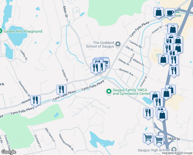 map of restaurants, bars, coffee shops, grocery stores, and more near 5 Howard Street in Saugus