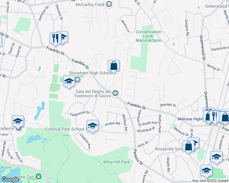 map of restaurants, bars, coffee shops, grocery stores, and more near 8 Walsh Avenue in Stoneham