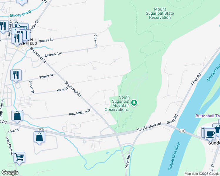 map of restaurants, bars, coffee shops, grocery stores, and more near 26 Mountain Road in South Deerfield