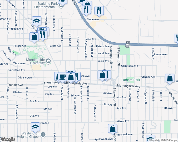 map of restaurants, bars, coffee shops, grocery stores, and more near 1801 South Nicollet Street in Sioux City