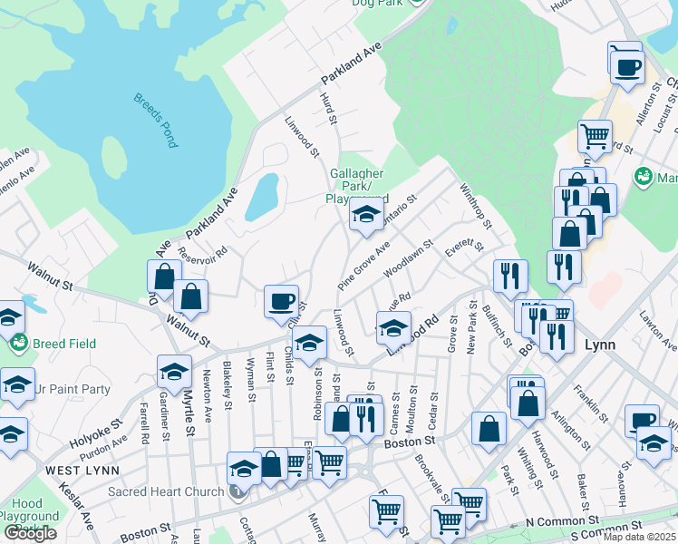 map of restaurants, bars, coffee shops, grocery stores, and more near 90 Linwood Street in Lynn