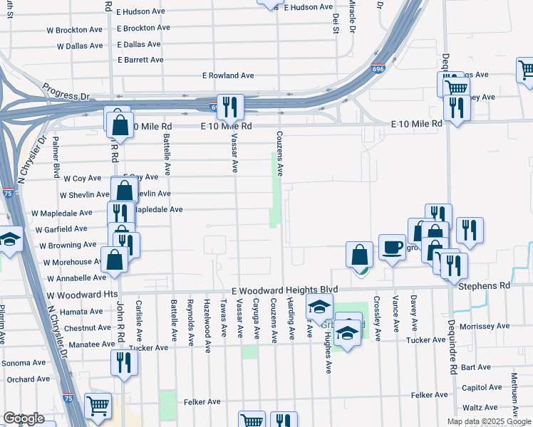 map of restaurants, bars, coffee shops, grocery stores, and more near 984 East Mapledale Avenue in Hazel Park