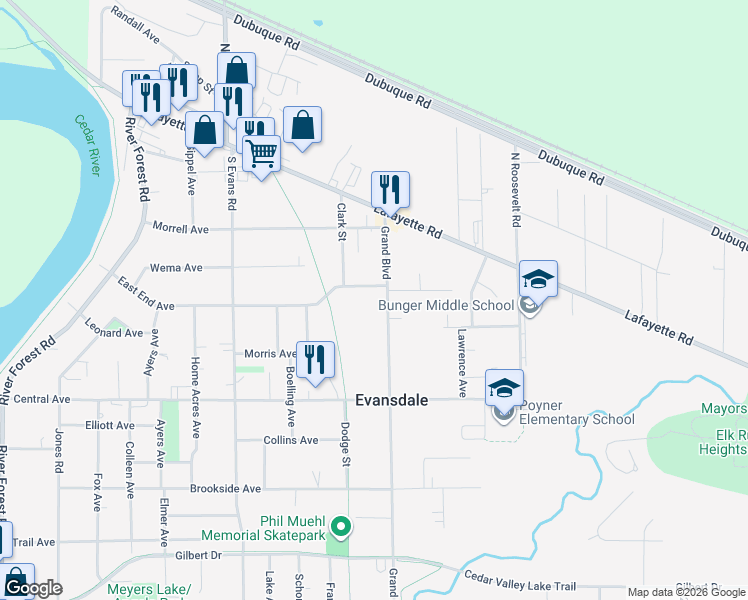 map of restaurants, bars, coffee shops, grocery stores, and more near 314 Grand Boulevard in Evansdale