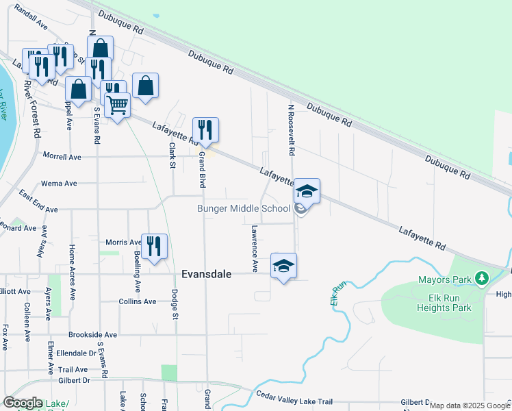 map of restaurants, bars, coffee shops, grocery stores, and more near 1044 East End Ave in Evansdale