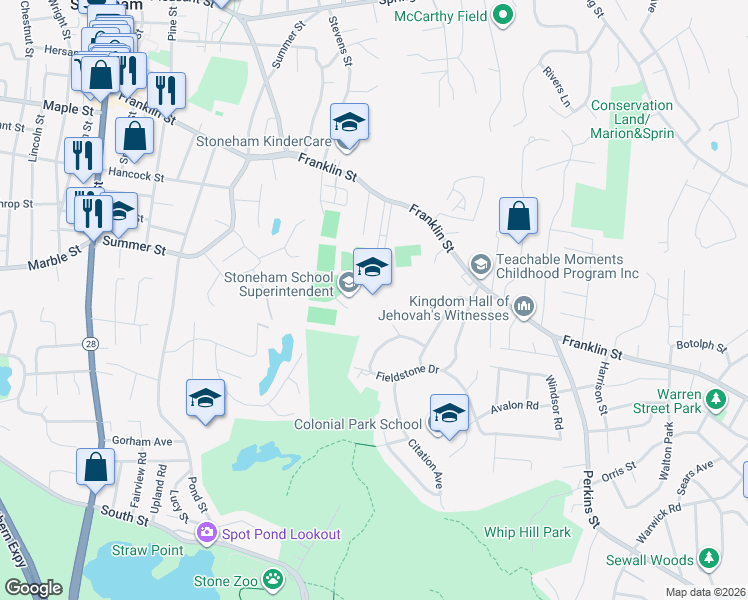 map of restaurants, bars, coffee shops, grocery stores, and more near 149 Franklin Street in Stoneham