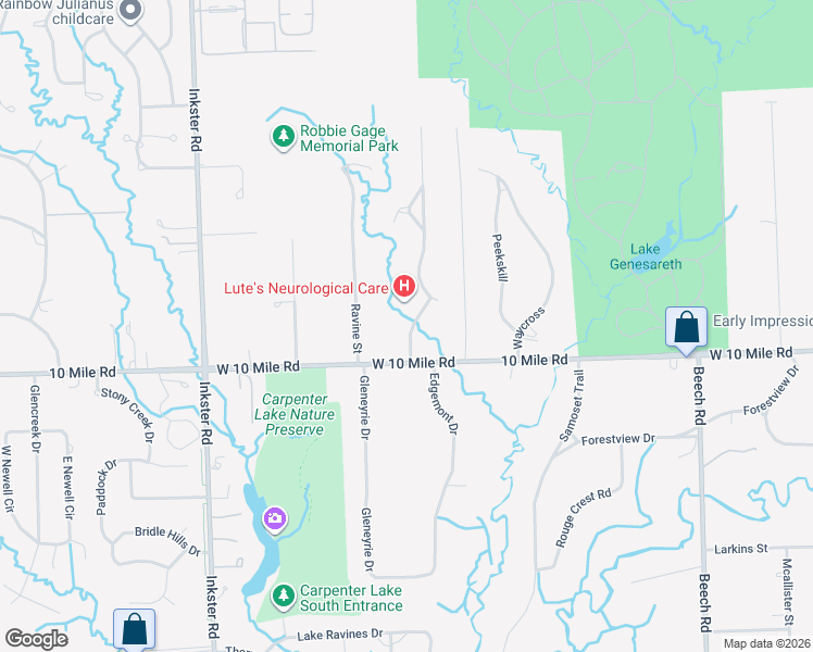 map of restaurants, bars, coffee shops, grocery stores, and more near 25099 Edgemont Drive in Southfield