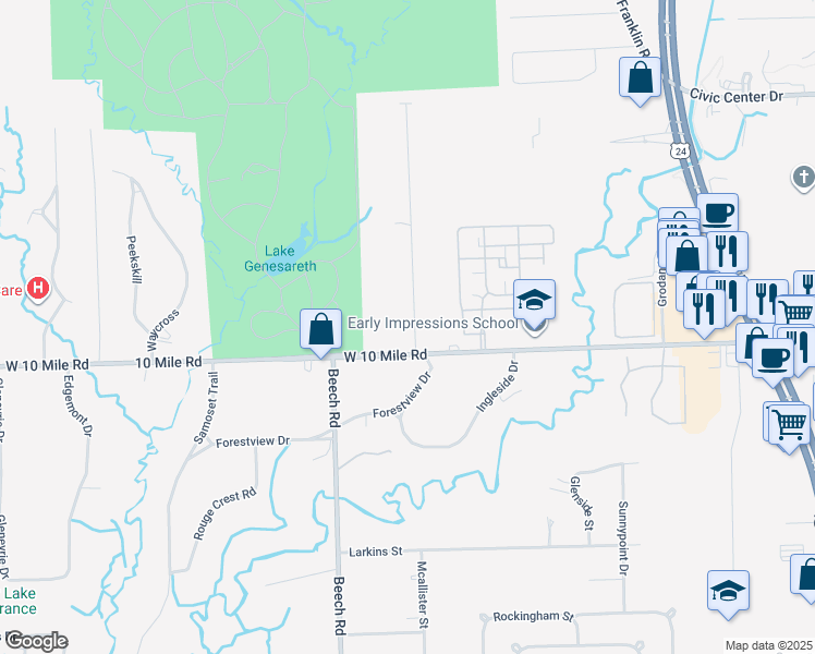 map of restaurants, bars, coffee shops, grocery stores, and more near 25131 Mcallister Street in Southfield