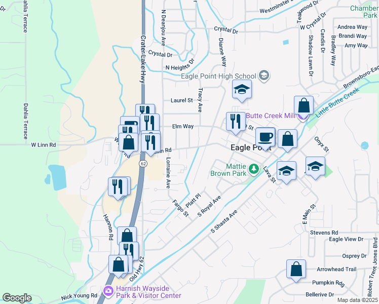map of restaurants, bars, coffee shops, grocery stores, and more near 497 E Linn Rd in Eagle Point