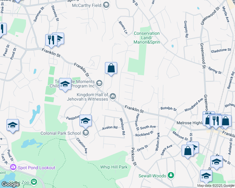 map of restaurants, bars, coffee shops, grocery stores, and more near 8 Walsh Avenue in Stoneham