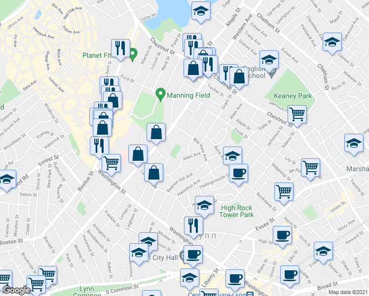 map of restaurants, bars, coffee shops, grocery stores, and more near 73 Hawthorne Street in Lynn