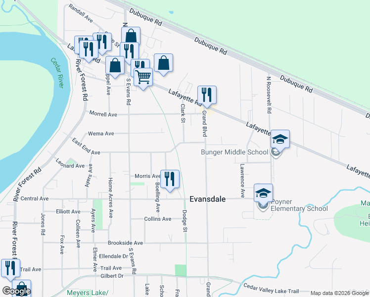 map of restaurants, bars, coffee shops, grocery stores, and more near 902 East End Avenue in Evansdale