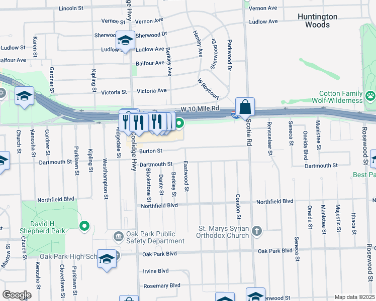 map of restaurants, bars, coffee shops, grocery stores, and more near 13131 Burton Street in Oak Park