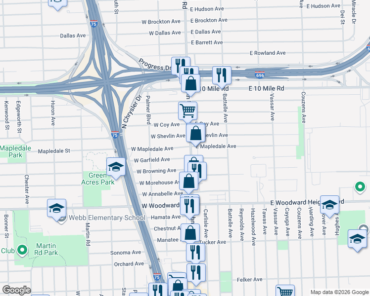 map of restaurants, bars, coffee shops, grocery stores, and more near 24503 John R Road in Hazel Park