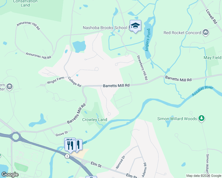 map of restaurants, bars, coffee shops, grocery stores, and more near 521 Barretts Mill Road in Concord