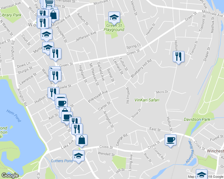 map of restaurants, bars, coffee shops, grocery stores, and more near 4 Blueberry Hill Road in Woburn