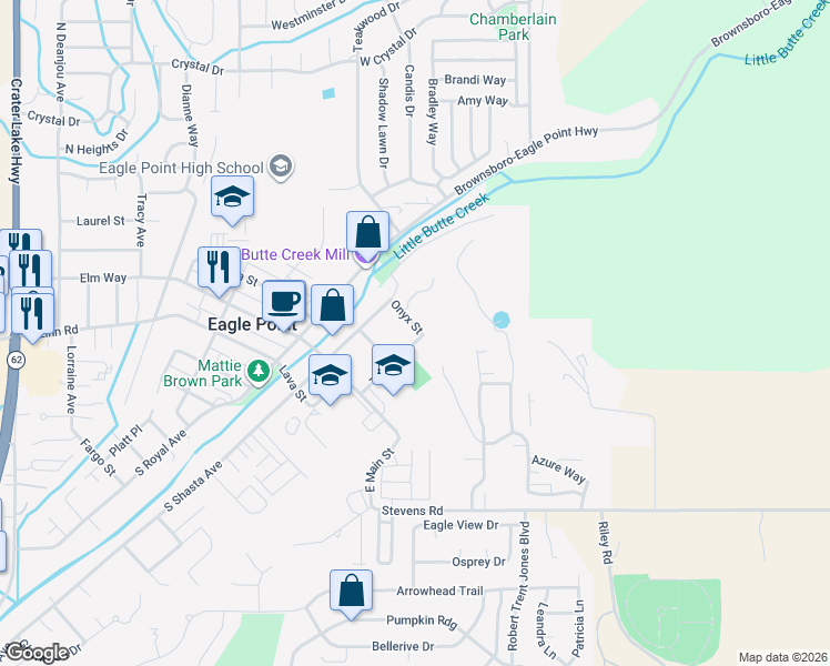 map of restaurants, bars, coffee shops, grocery stores, and more near 147 Onyx Street in Eagle Point