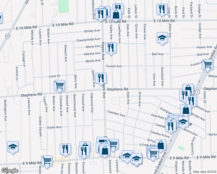 map of restaurants, bars, coffee shops, grocery stores, and more near in Eastpointe