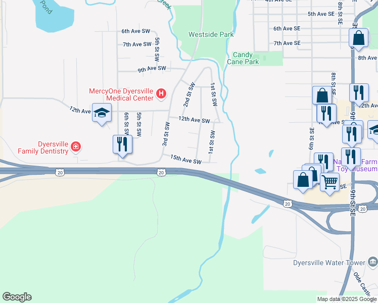 map of restaurants, bars, coffee shops, grocery stores, and more near 137 14th Avenue Southwest in Dyersville