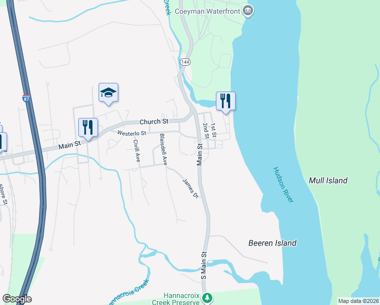 map of restaurants, bars, coffee shops, grocery stores, and more near 73 Main Street in Coeymans