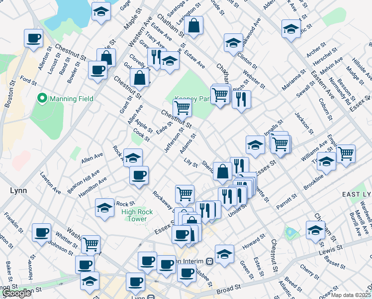 map of restaurants, bars, coffee shops, grocery stores, and more near 42 Adams Street in Lynn