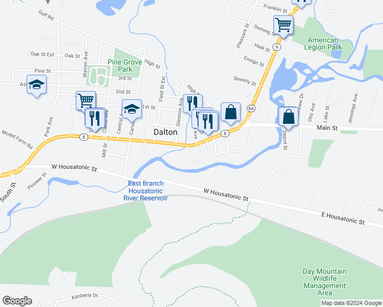 map of restaurants, bars, coffee shops, grocery stores, and more near 8 River Street in Dalton