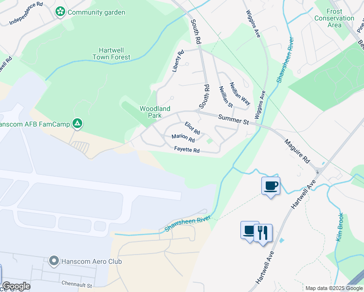 map of restaurants, bars, coffee shops, grocery stores, and more near 18 Fayette Road in Bedford