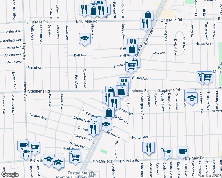 map of restaurants, bars, coffee shops, grocery stores, and more near 16131 Stephens in Eastpointe