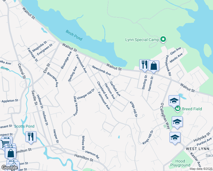 map of restaurants, bars, coffee shops, grocery stores, and more near 24 Harrison Avenue in Saugus