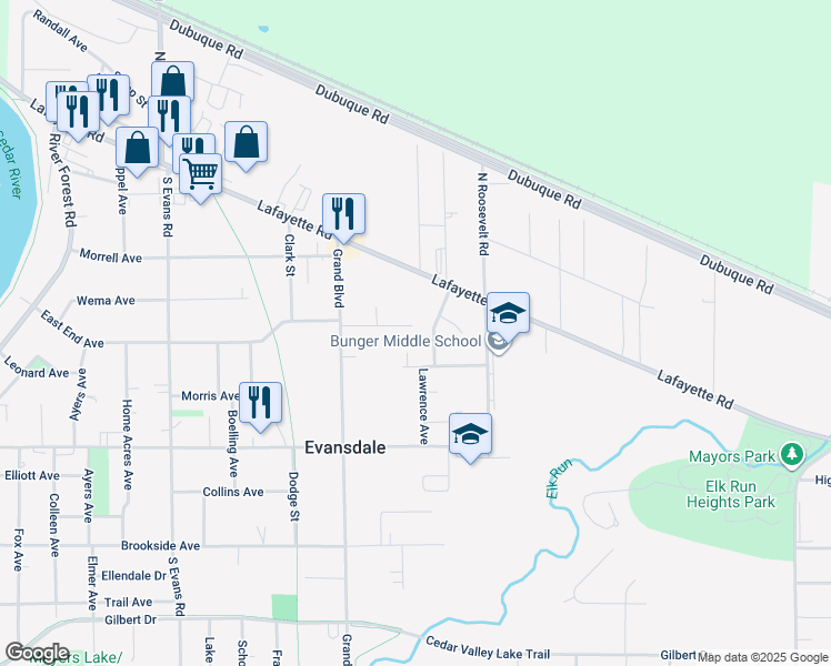 map of restaurants, bars, coffee shops, grocery stores, and more near 1044 East End Avenue in Evansdale