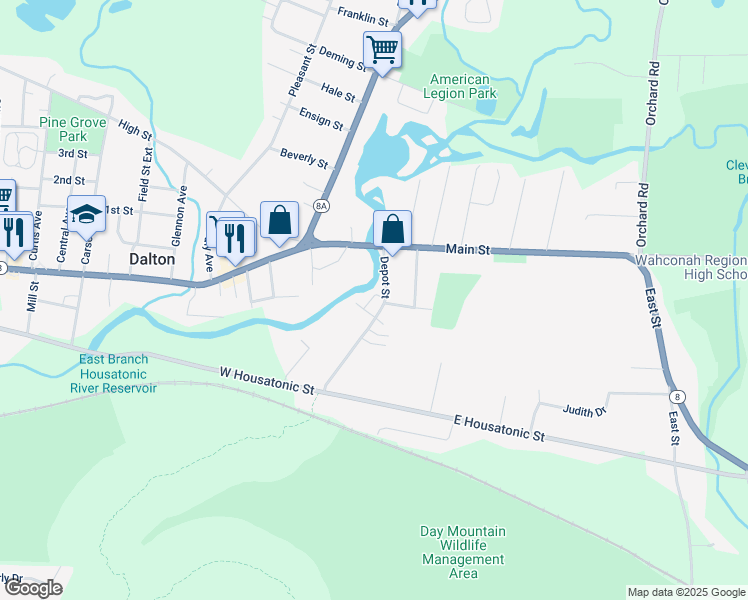 map of restaurants, bars, coffee shops, grocery stores, and more near 61 Depot Street in Dalton