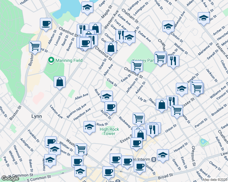 map of restaurants, bars, coffee shops, grocery stores, and more near 5 Hollingsworth Street in Lynn