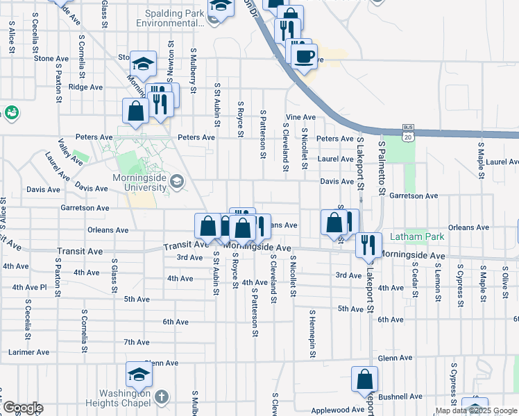 map of restaurants, bars, coffee shops, grocery stores, and more near 1805 South Patterson Street in Sioux City